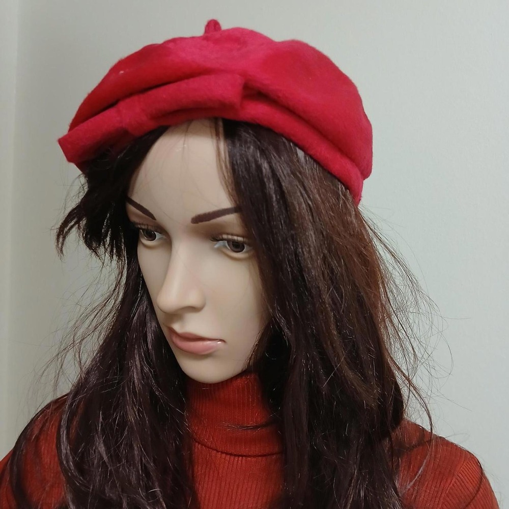 Vintage 60s Cherry Red Handmade Bow Beret Hat